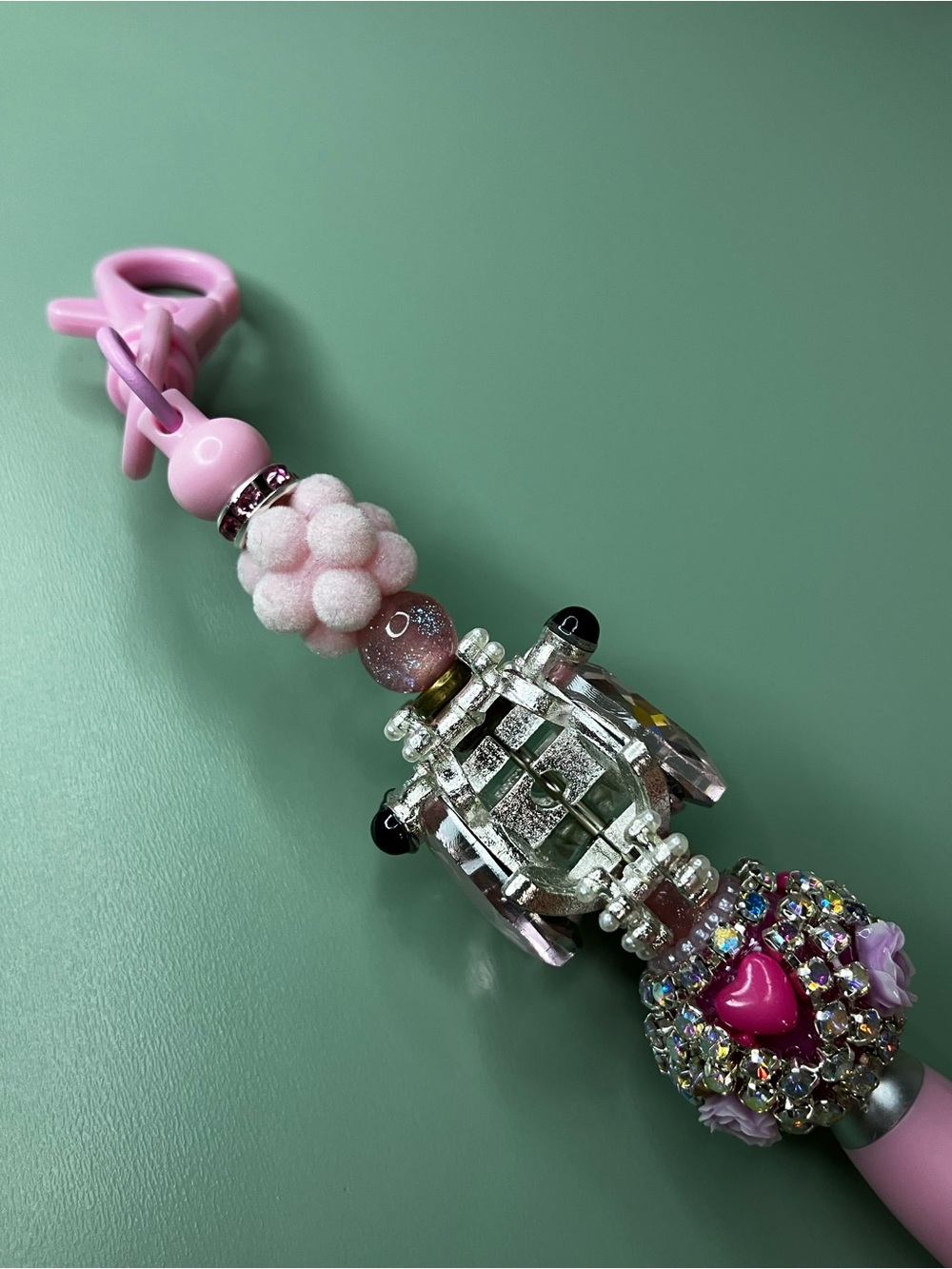 Pink Rhinestone Frog Handmade Beaded Keychain Pen - Picture 4 of 8